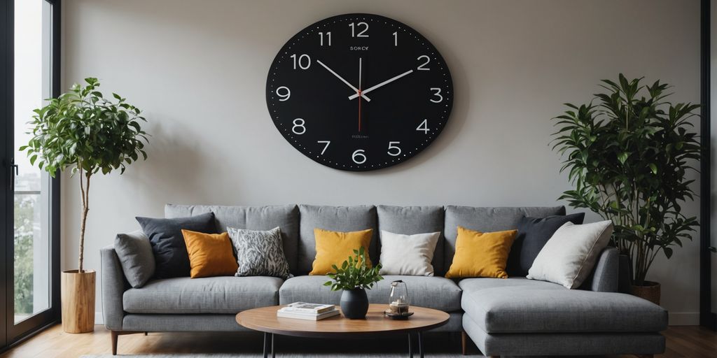 Wall clock above sofa in modern living room
