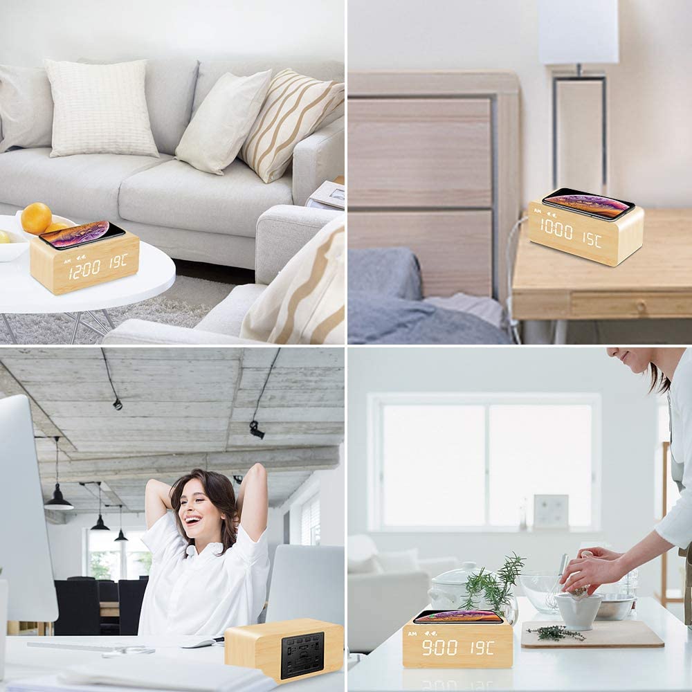 Digital Wooden Alarm Clock with Wireless Charging My Wall Clock