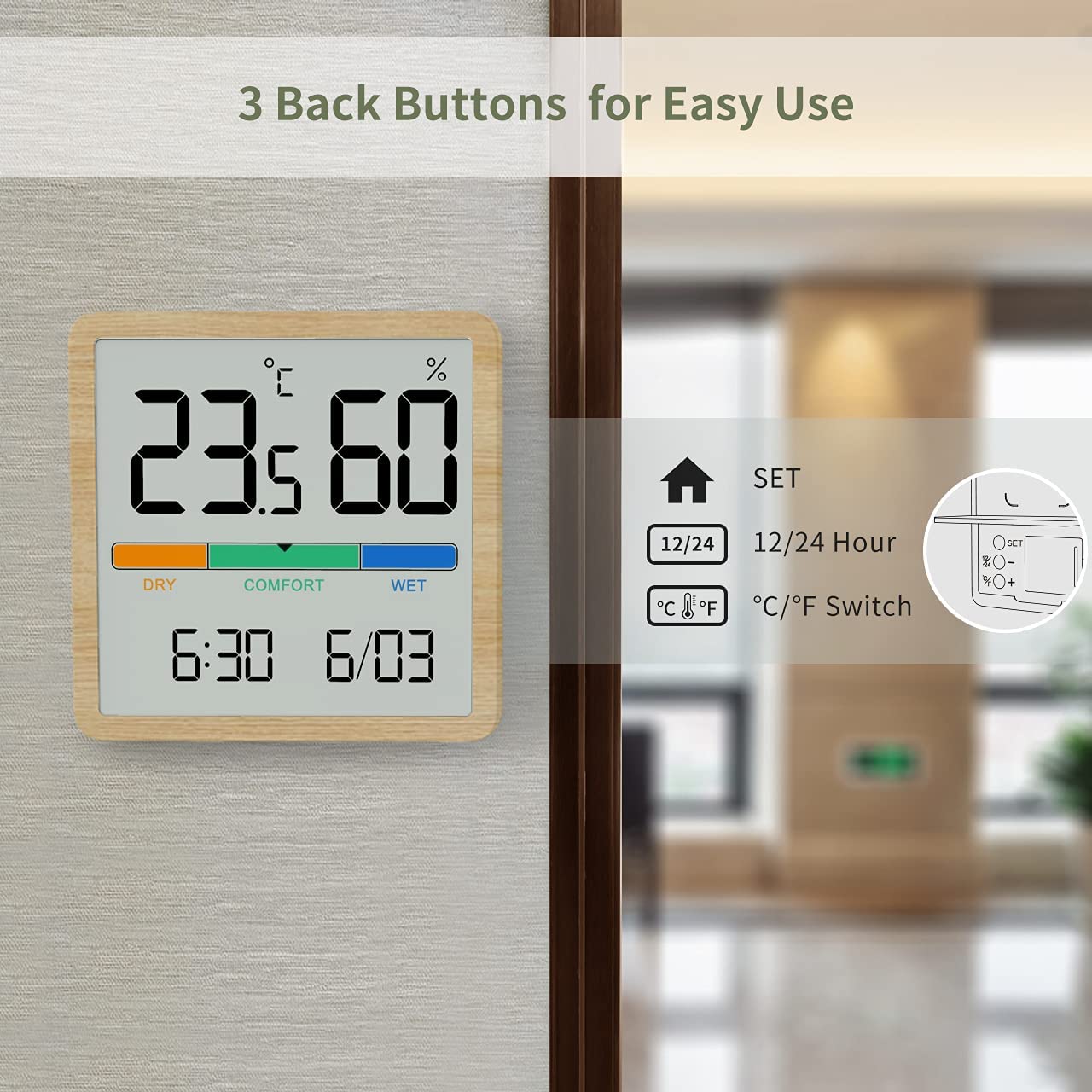 LCD Digital Clock Hygrothermograph Accurate Temp & Humidity MyWall