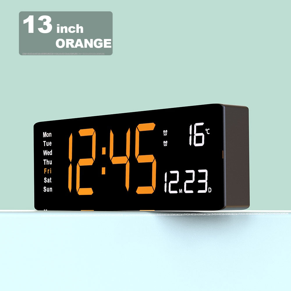 16" Large Digital Wall Clock With Remote - LED Display Shows Time, Temp, Calendar & Alarm