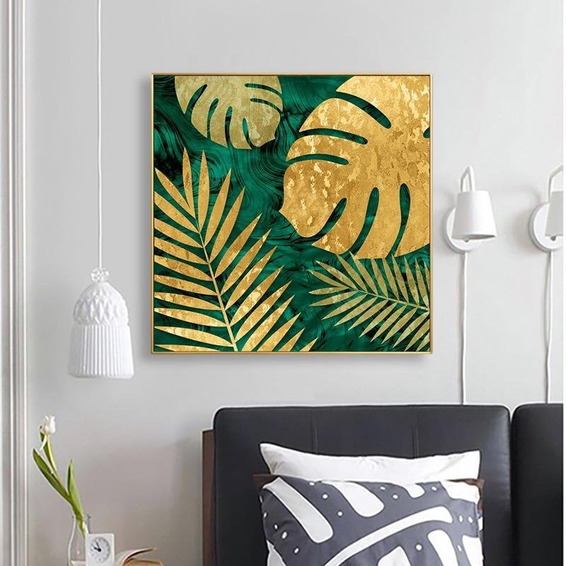 Gold Leaves Canvas Nordic Art My Wall Clock