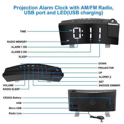 RADIO ALARM CLOCK PROJECTOR BLACK My Wall Clock