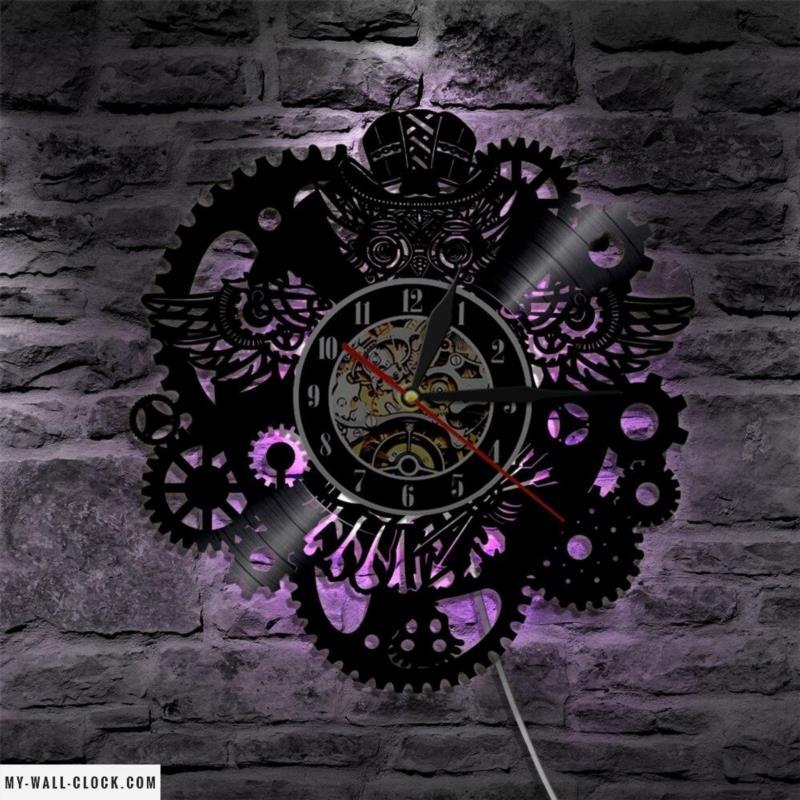 Vinyl Wall Clock Owl Steampunk