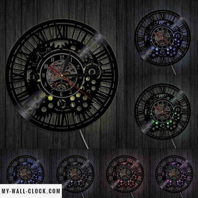 Steampunk Clock Vinyl Wall Art Wires Gear Vinyl Record Wall Clock Steampunk  Cogs Decor Modern Wall Art（Wiht LED Light）